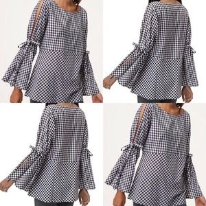 Loft Gingham Tie Bell Sleeve Top